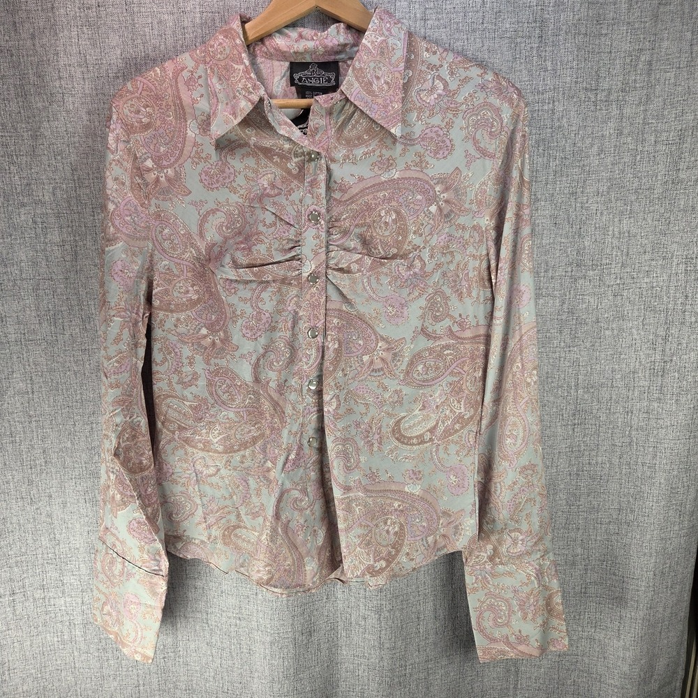 Angie Pink Paisley Pearl Snap Up Shirt Womens Boho Western Retro Large Y2K Top